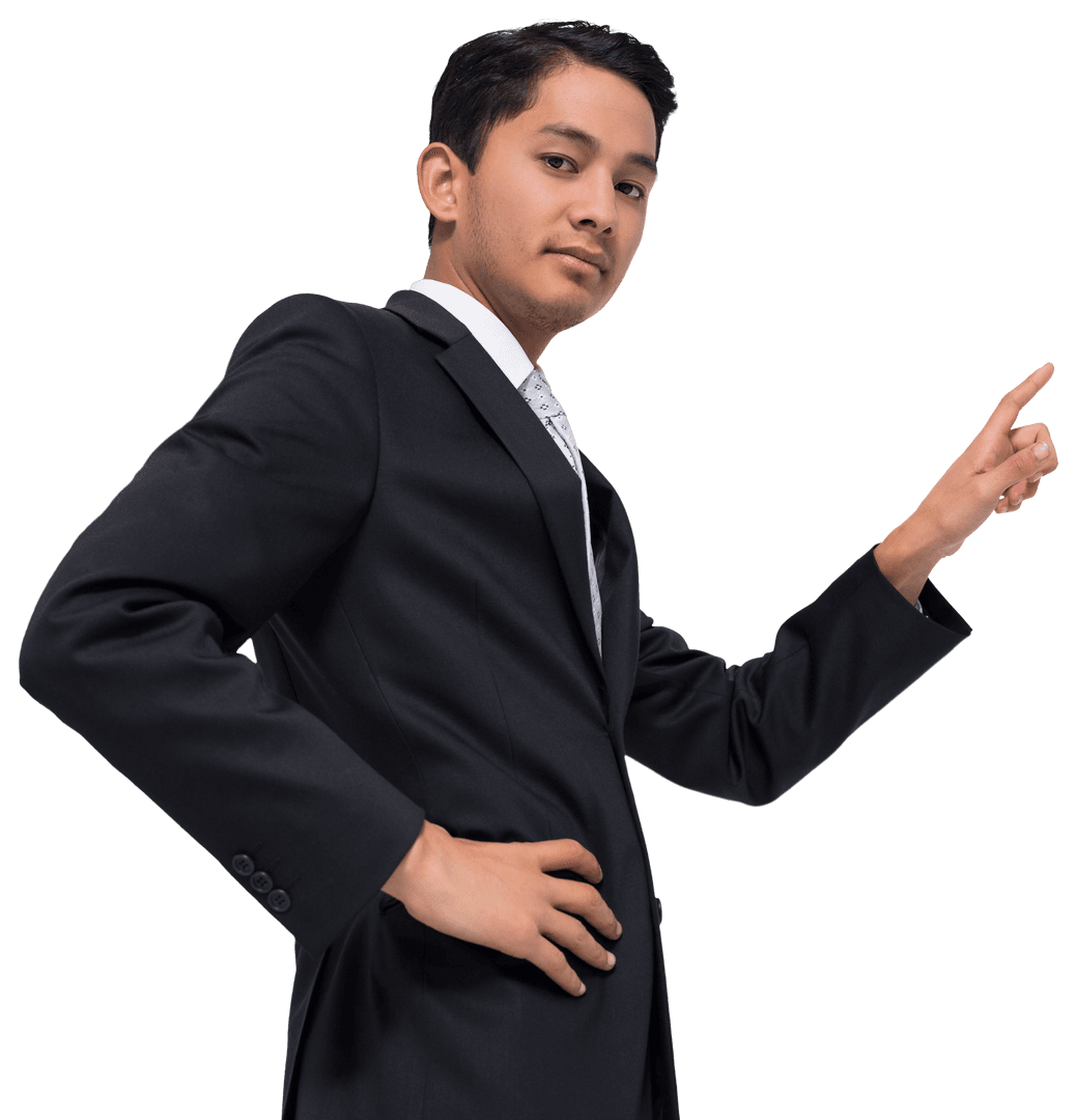 Smiling Asian Businessman Pointing on Pane