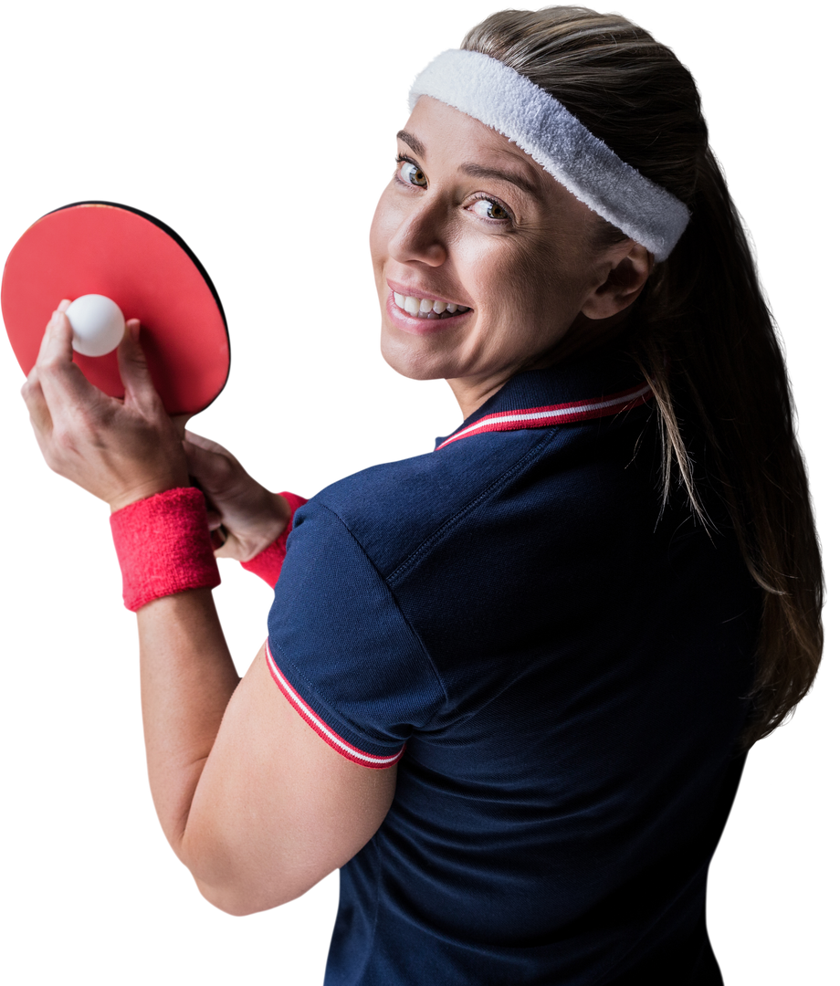 Female Athlete In Snap Red/White Wristbands Playing Ping Pong Smiling Back Transparent - Download Free Stock Images Pikwizard.com