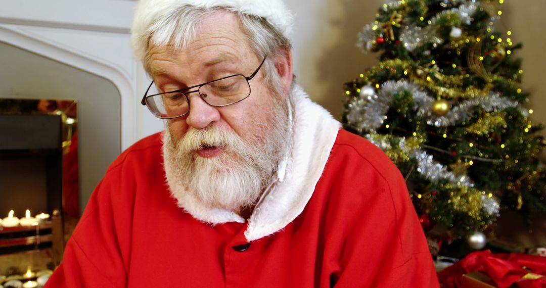 Christmas Santa Claus Reading by Decorated Tree - Free Images, Stock Photos and Pictures on Pikwizard.com