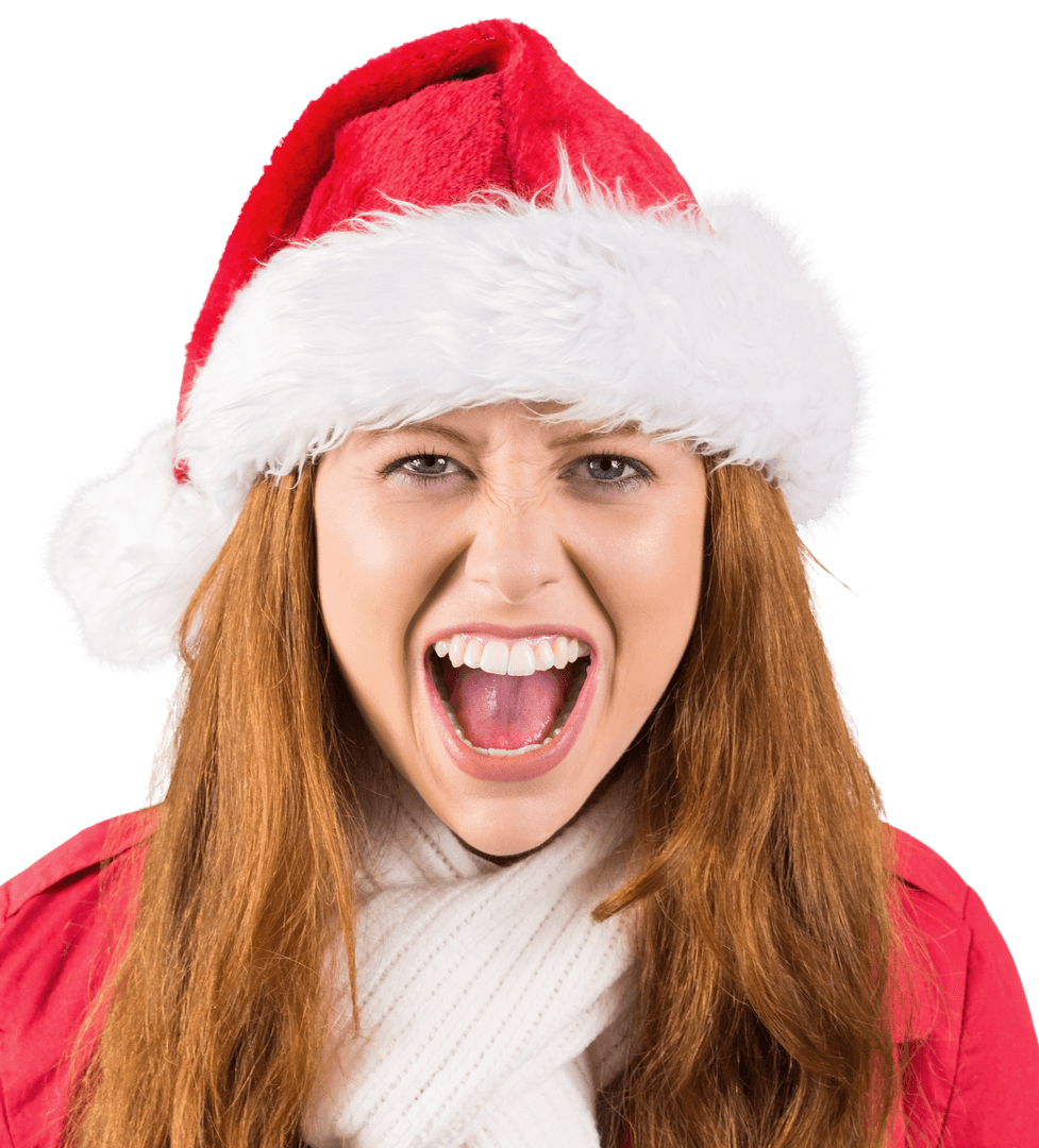 Festive Redhead Expressing Joy in Santa Hat Transparent
