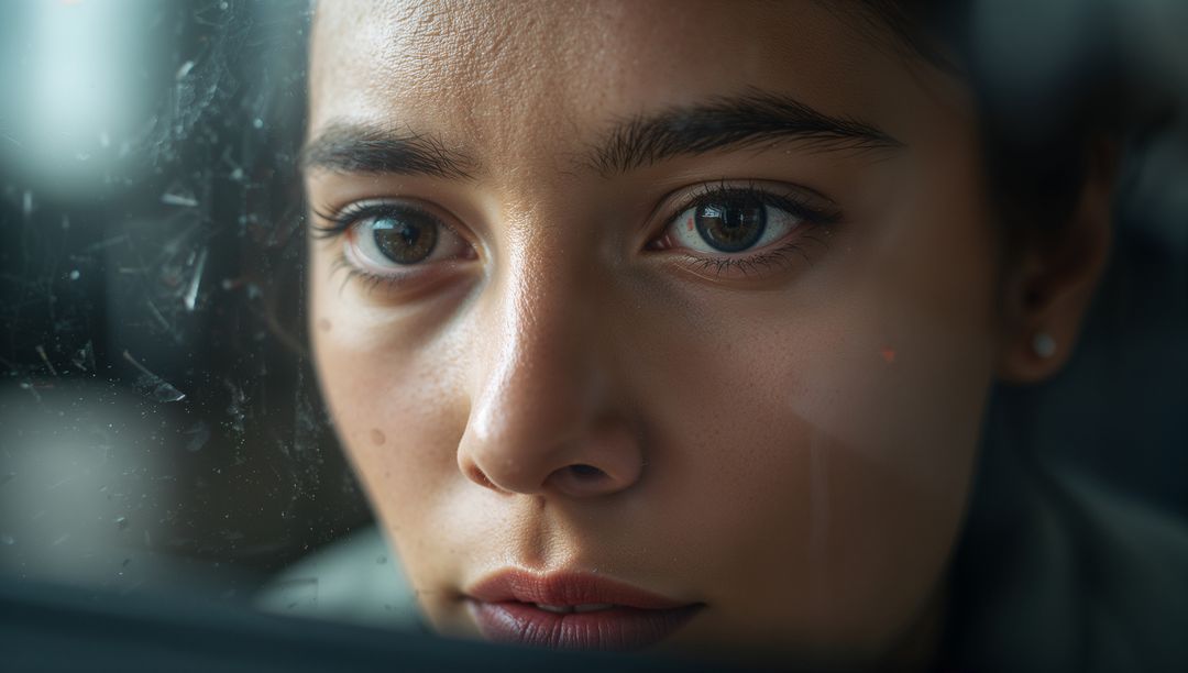 Closeup portrait of woman pressing face to window glass with reflective gaze and smudges