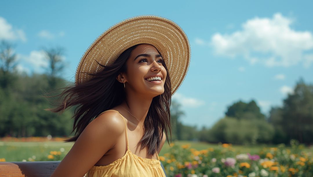 Smiling Woman in Straw Hat Enjoying Flower Garden Serenity