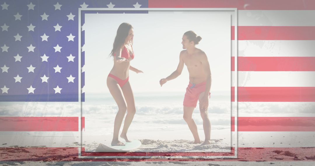 Couple Playing on Sunny Beach With Blended American Flag