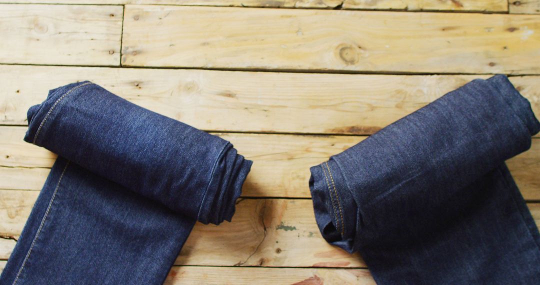 Image of two pairs of rolled up denim trousers with with copy space on wooden background - Free Images, Stock Photos and Pictures on Pikwizard.com