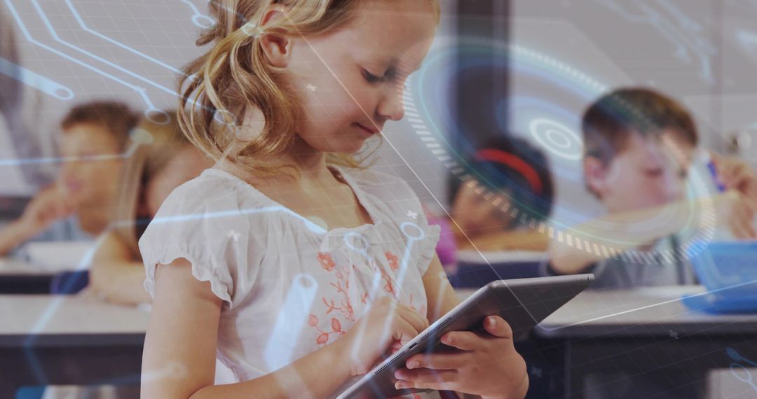 Young girl using tablet in classroom with futuristic HUD overlay for digital learning
