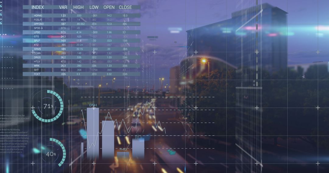 Digital Analytics Interface Over Cityscape at Dusk