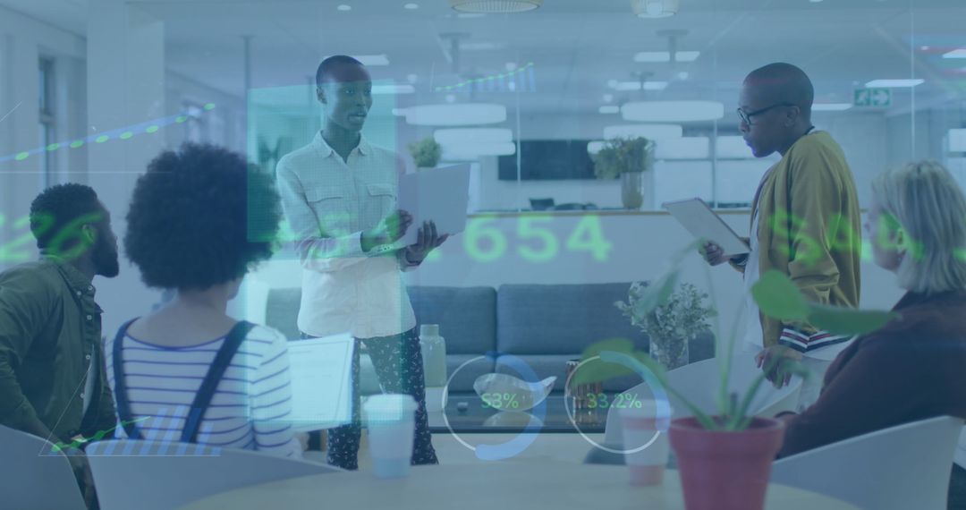 Diverse Team Analyzing Financial Data Reports in Modern Office