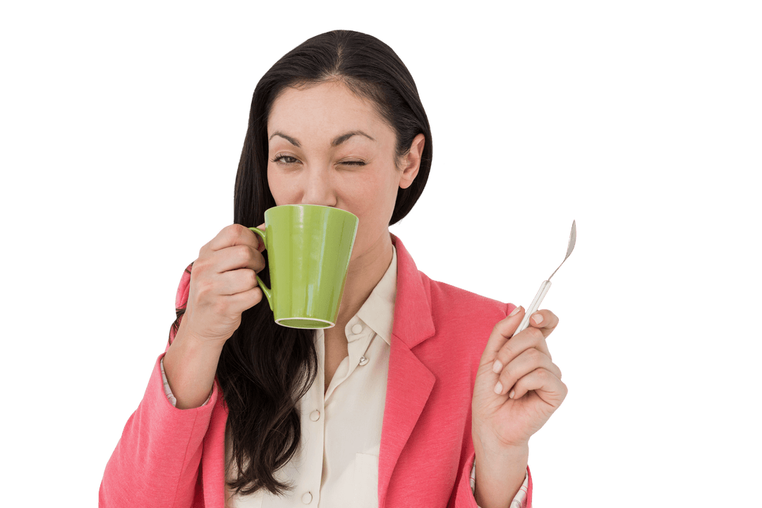 Joyful Biracial Woman Drinking from Green Cup on Transparent Background
