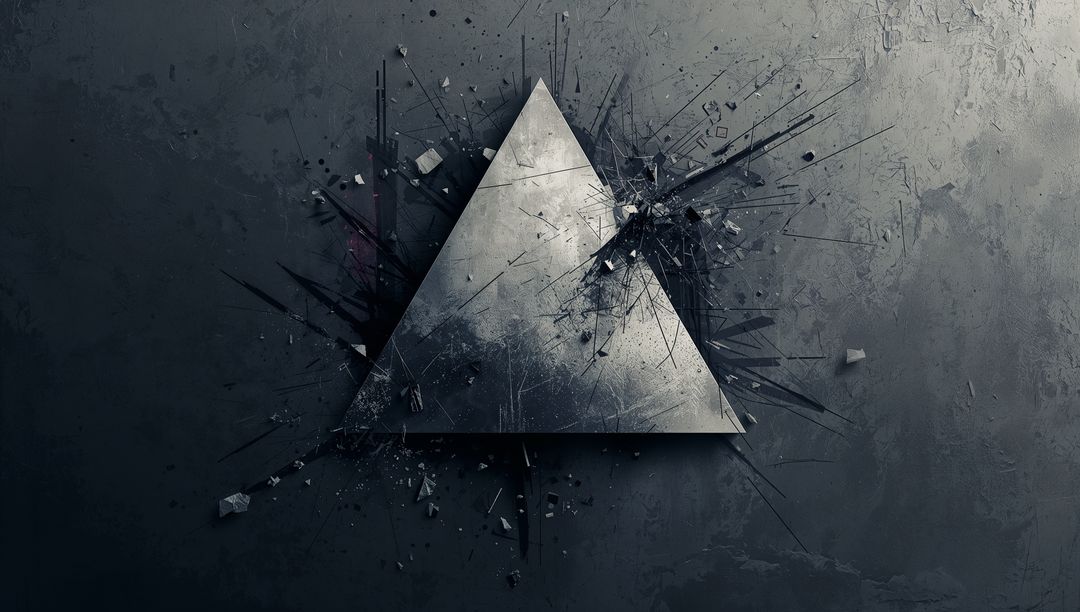 Metallic Triangle Breaking Through Concrete Wall Exploding Shards Industrial Abstract