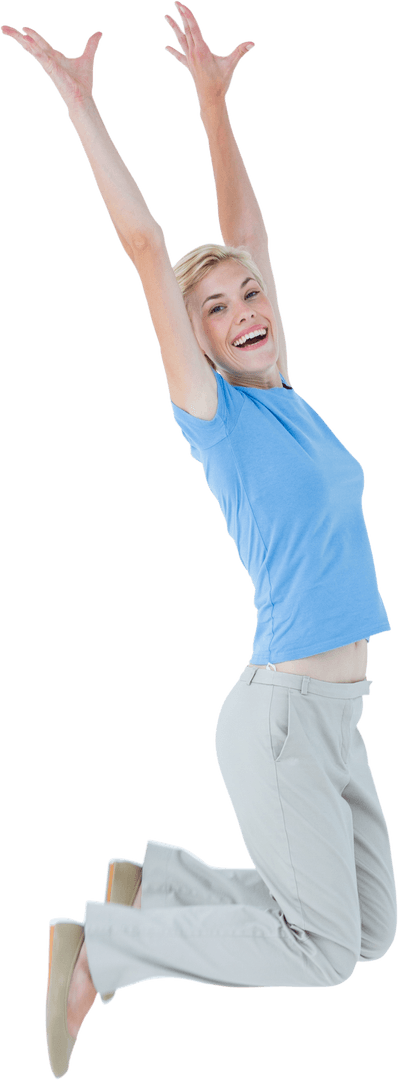 Cheerful Blond Woman Jumping with Joy on Transparent Background