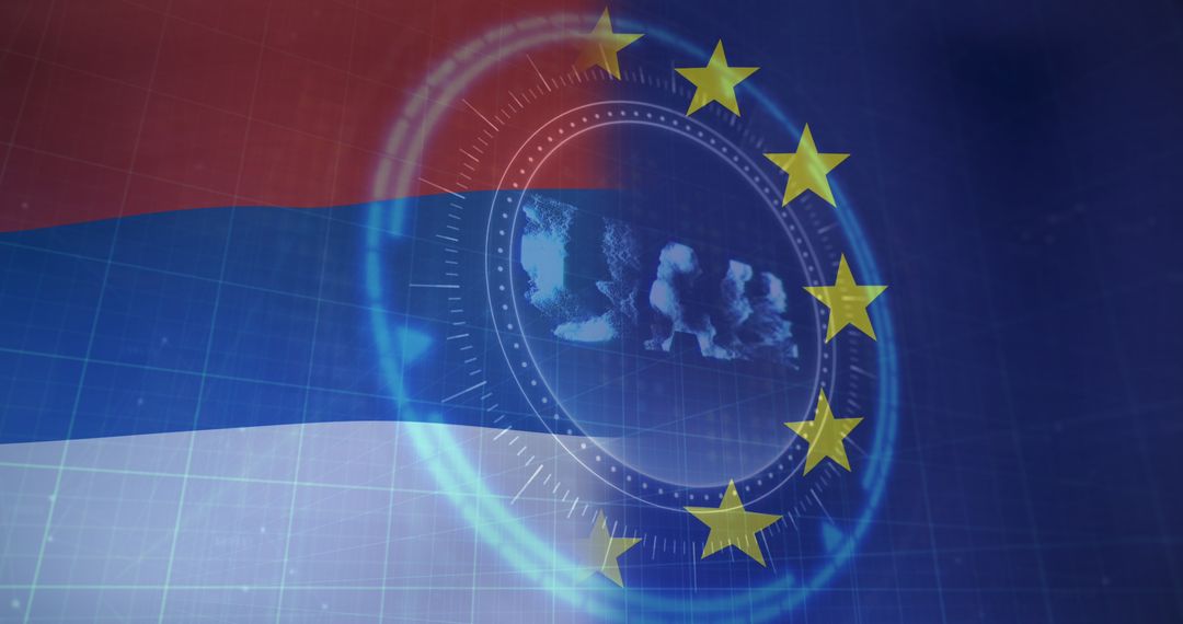 Cryptocurrency Symbol with Russian and European Flags Overlay