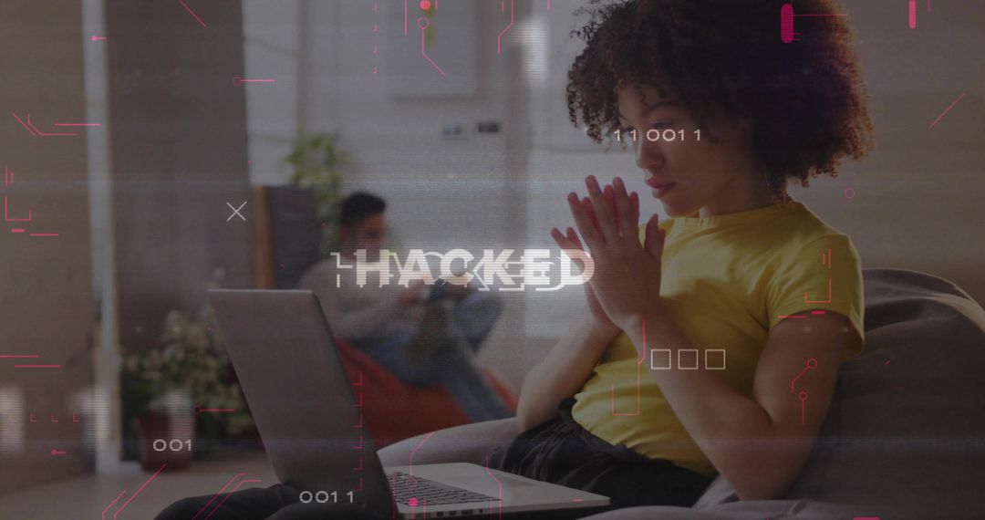 Curly-Haired Woman Hacking on Laptop in Modern Home Office