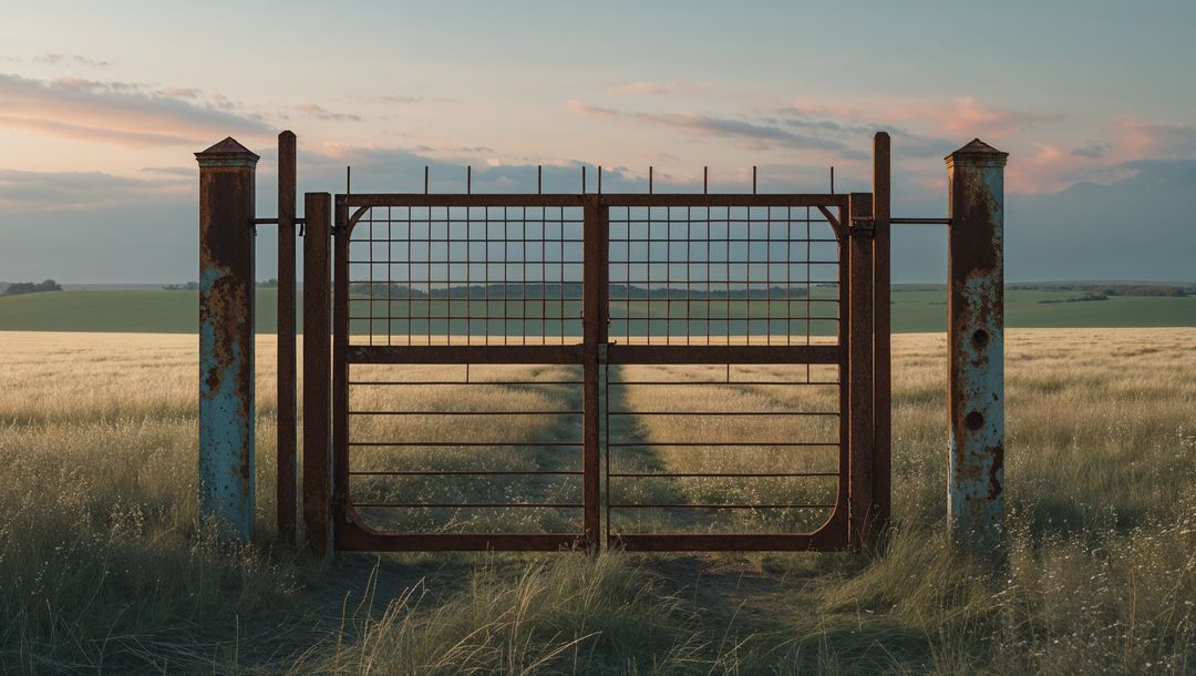 Rusted Farm Gate Leading to Idyllic Pasture