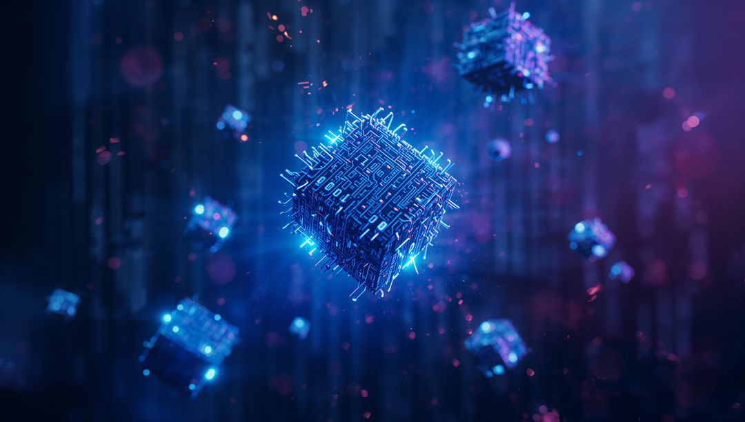 Futuristic Neon Blue Circuit Cubes in Digital Space