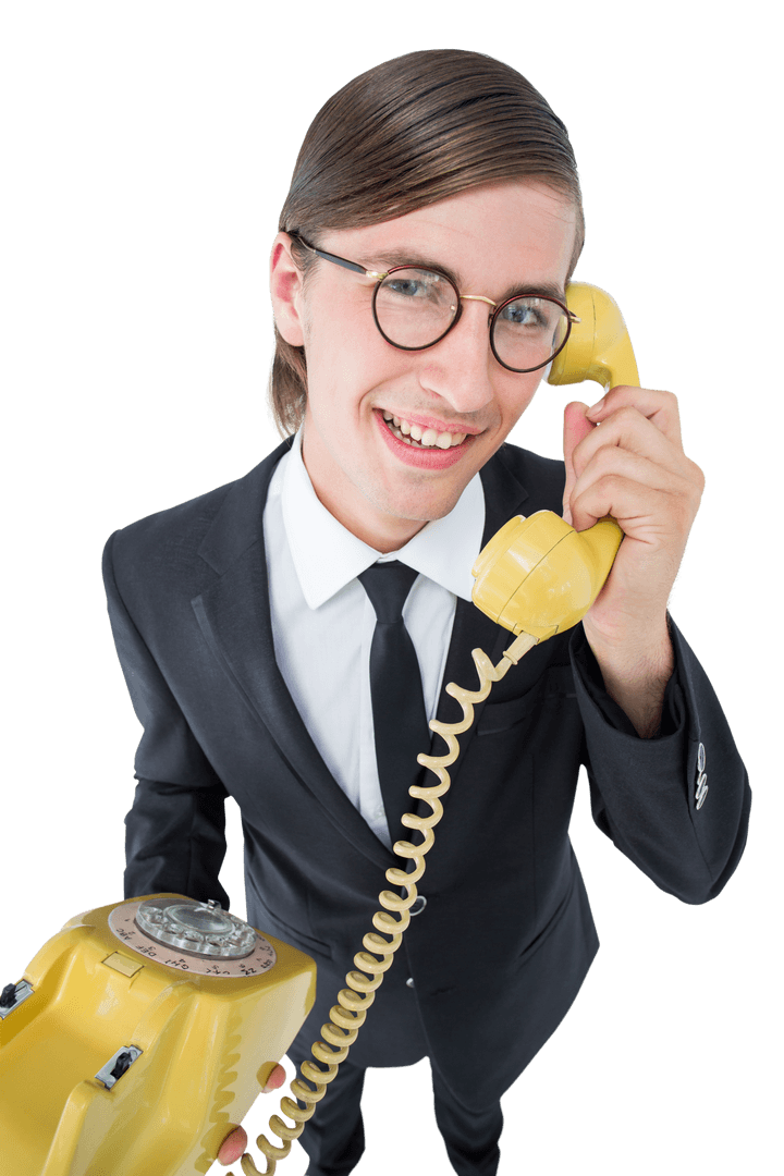 Transparent Geeky Businessman with Retro Telephone Smiling Confidently