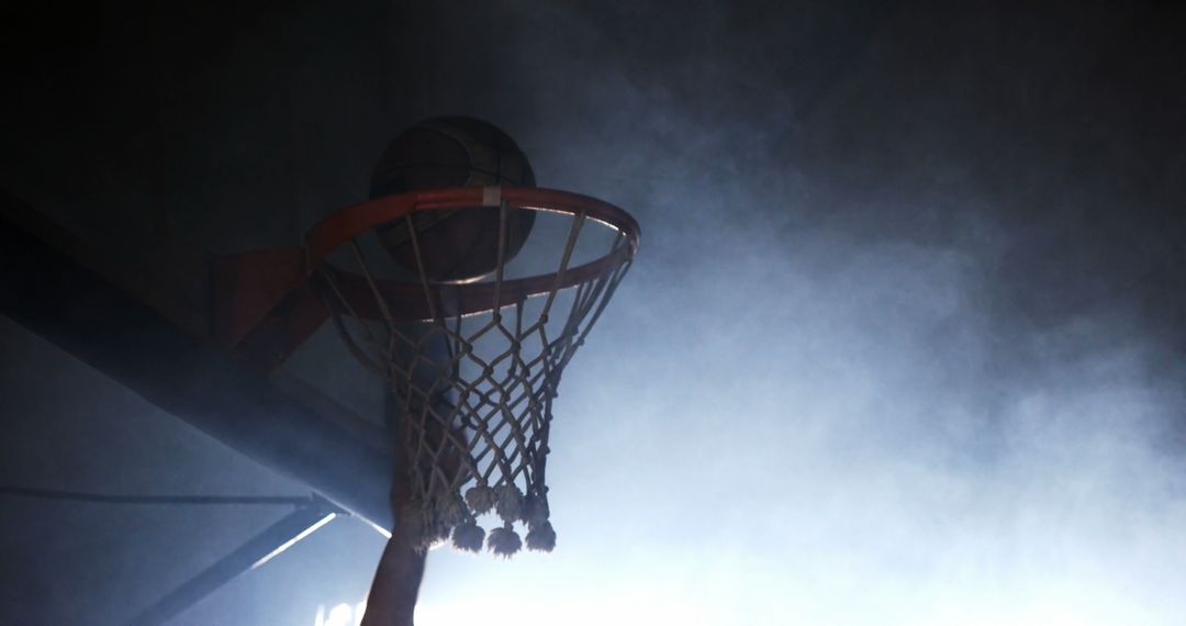 Basketball Dunking Action with Hoop and Fog
