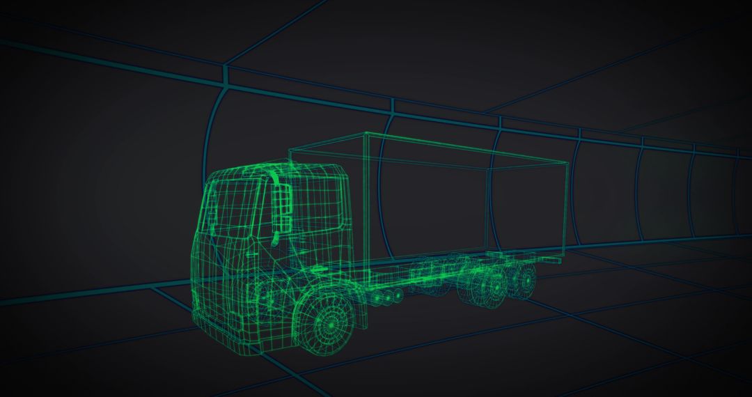 Futuristic 3D Wireframe Truck in Neon Tunnel