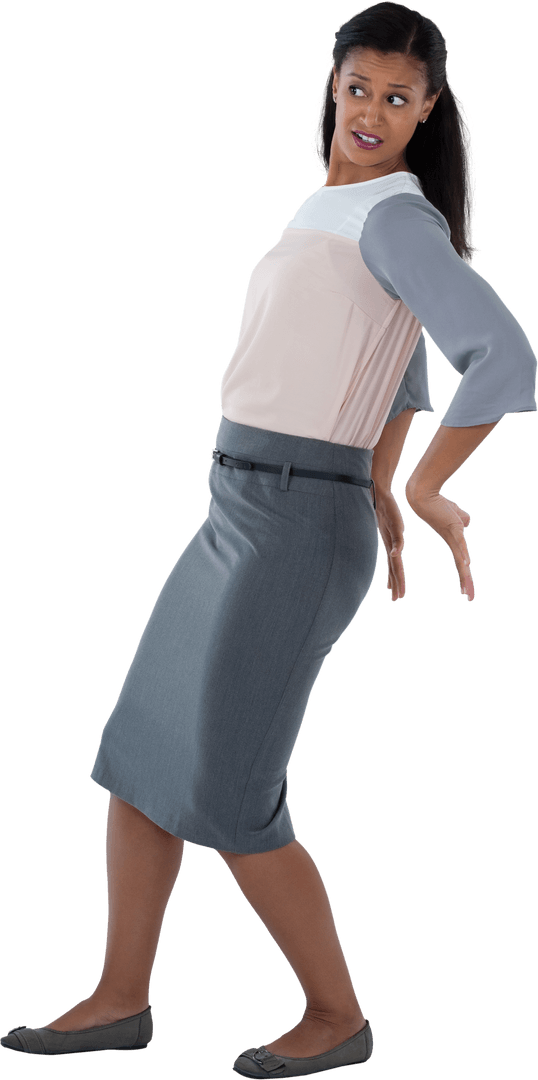 Transparent Businesswoman Pretending to Push Heavy Object