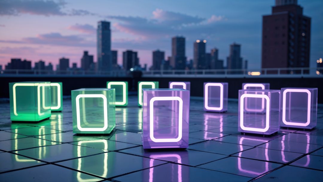 Futuristic Neon Cubes on Rooftop at Dusk