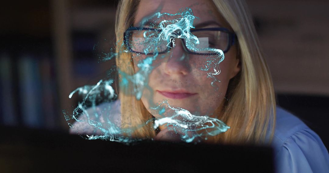Mature Woman Analyzing Digital Holographic Wave Pattern in Study