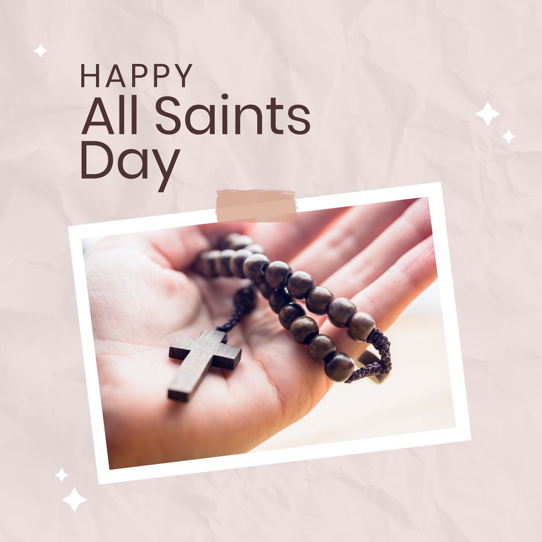 All Saints Day Celebration with Rosary in Hand on Beige Background