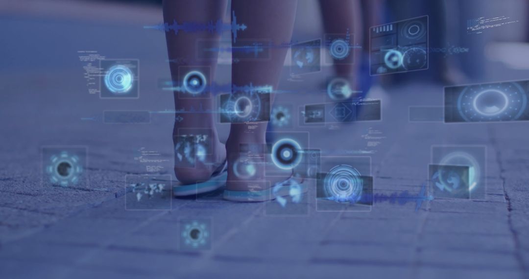 Friends Walking with Futuristic Holographic Interfaces