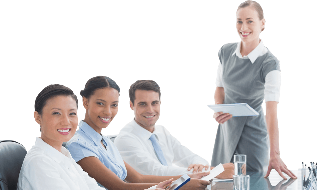 Transparent Team Collaboration Smiling Professionals Discussing