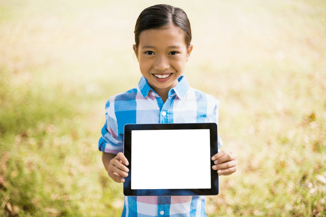 Child Smiling Holding Transparent Screen in Park