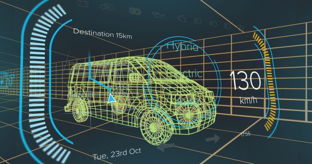 Futuristic Virtual Simulation Display with 3D Wireframe Van