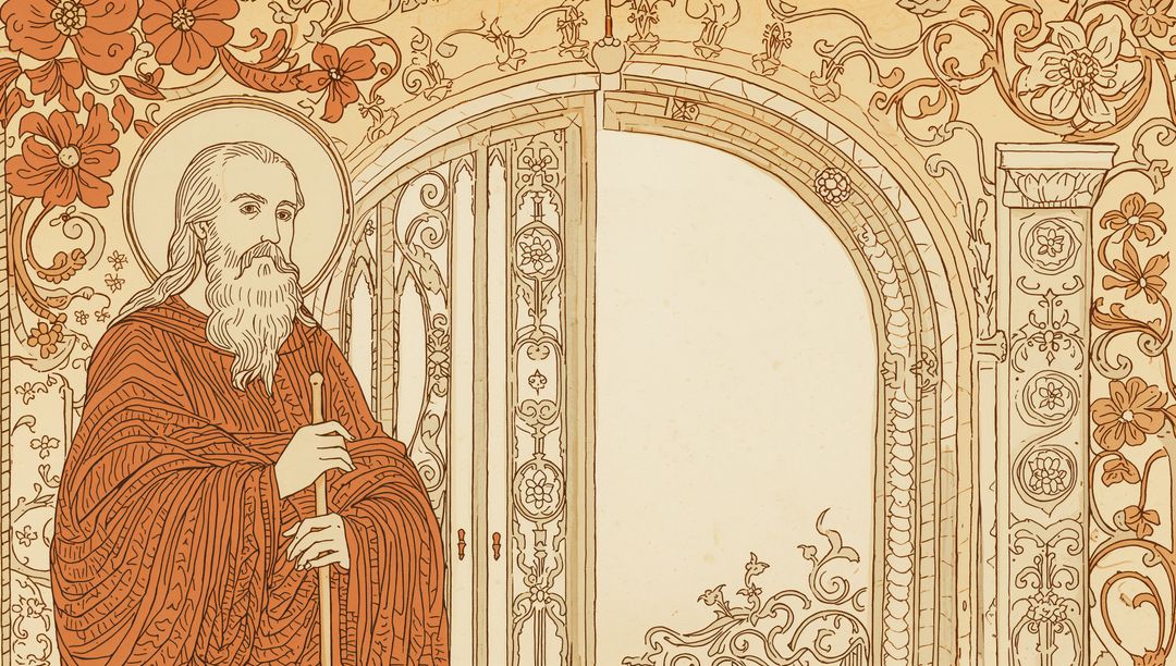 Saintly Figure with Halo and Staff Amidst Ornate Floral Design