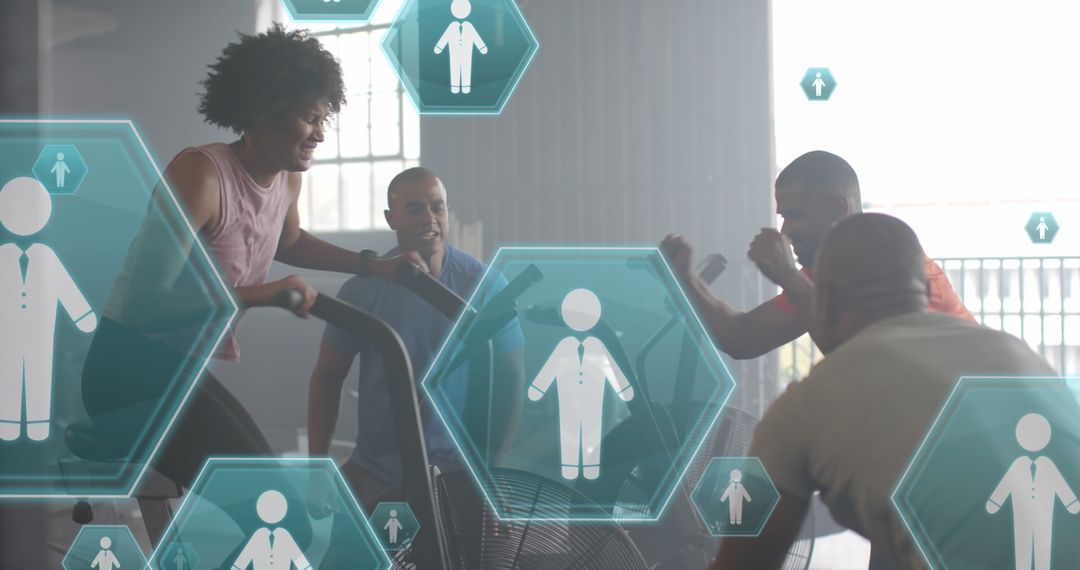 Diverse Group Encouraging Training with Tech Overlay at Gym