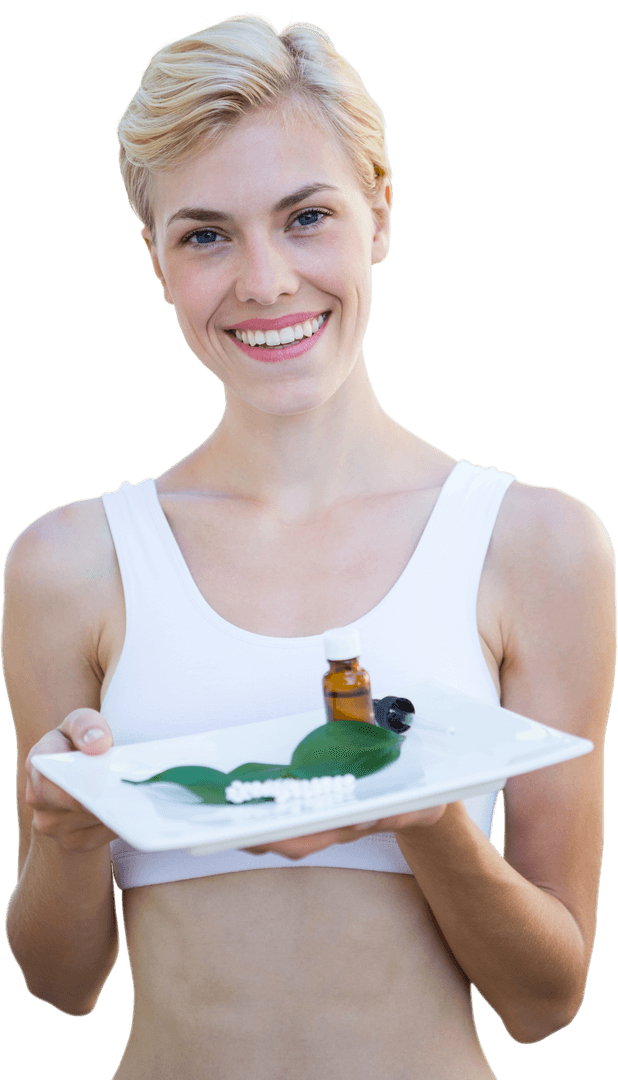 Smiling Woman Holding Herbal Remedies on Transparent Background