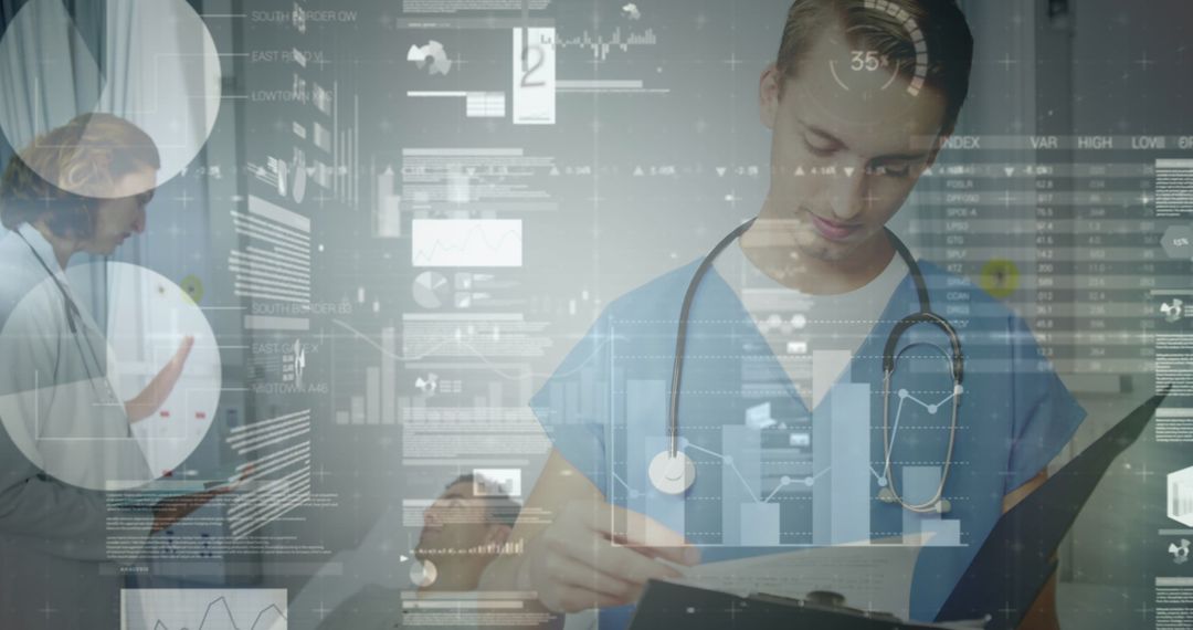 Medical Professional Analyzing Data with Technology Overlay