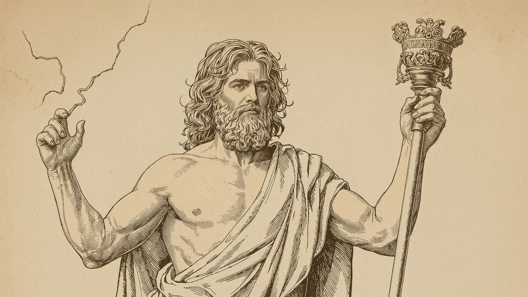 Mythical bearded man zeus emitting lightning on aged parchment