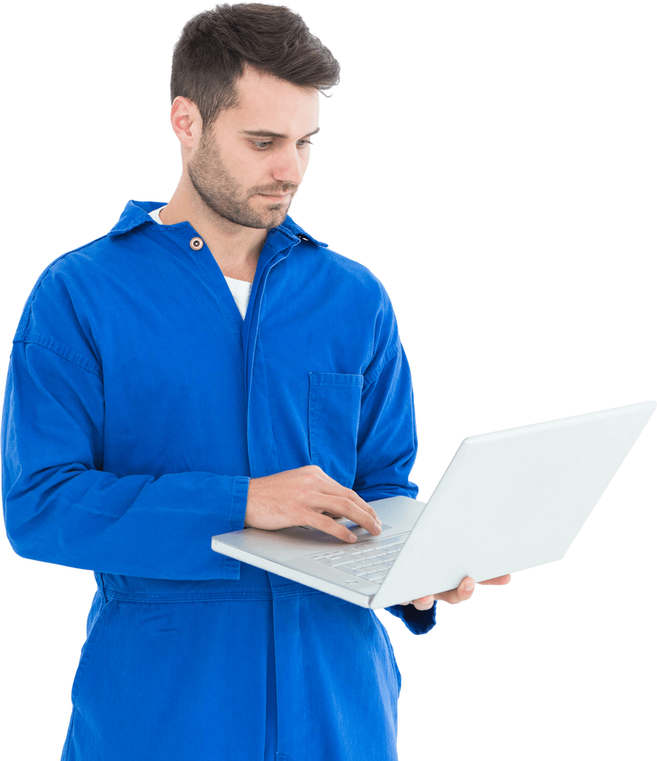 Young Engineer in Blue Coveralls Analyzing on Transparent Background