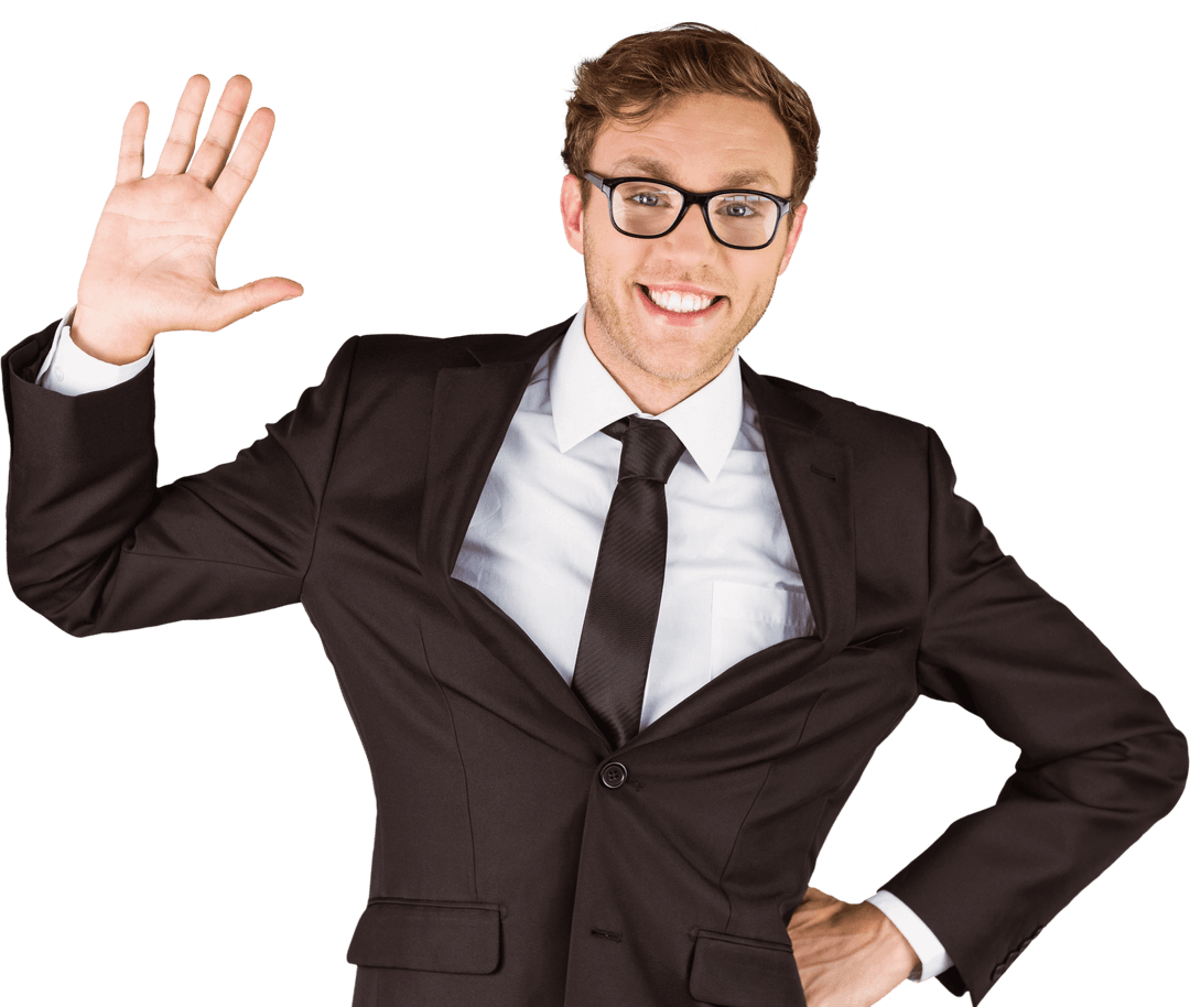 Cheerful Businessman Smiles in Transparent Pose with Raised Hand
