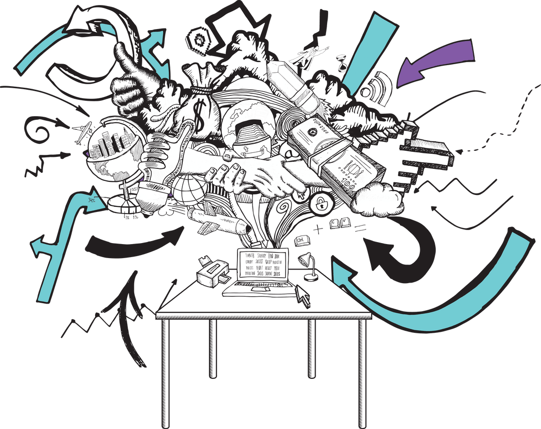 Hand Drawn Laptop with Abstract Social Media Icons on Transparent Background