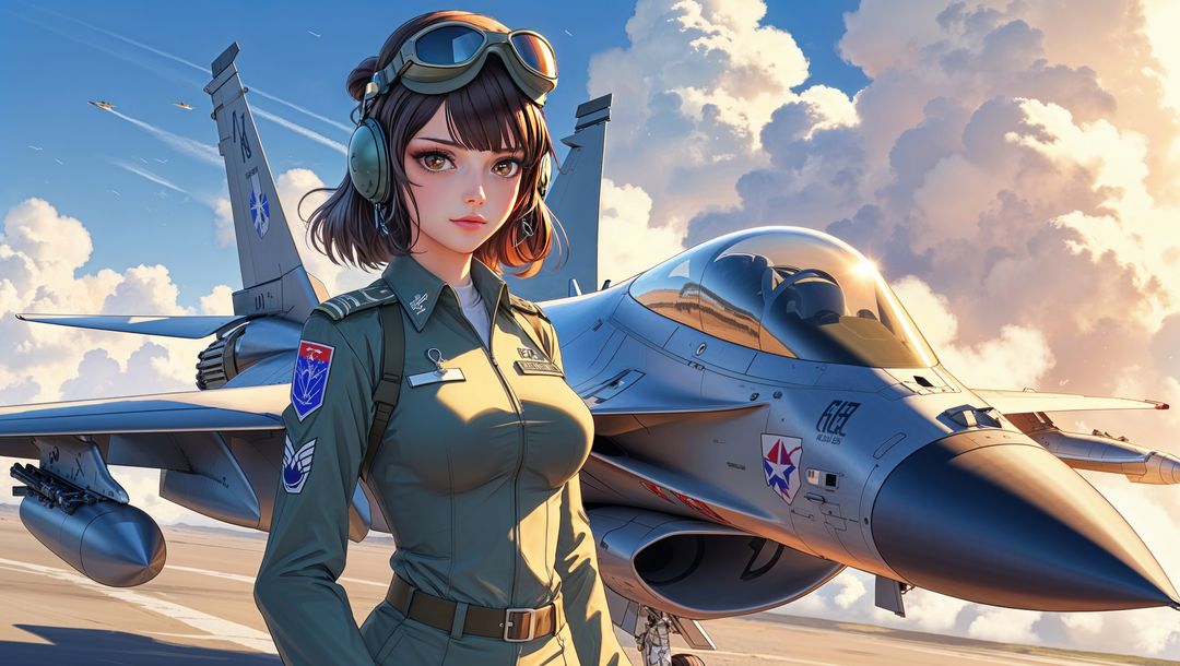 Confident f16 fighter jet pilot in green flight suit next to advanced jet