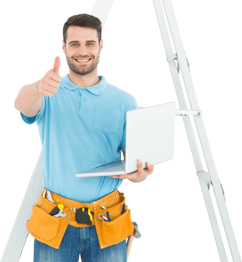 Smiling Construction Worker with Laptop Giving Thumbs Up on Transparent Background