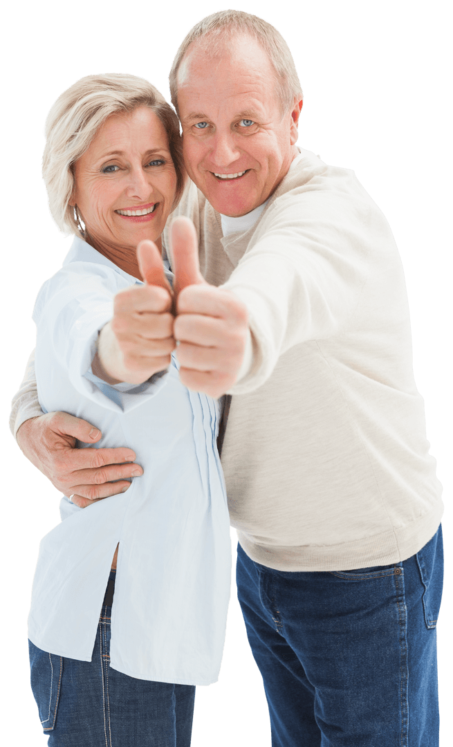 Happy Mature Couple Hugging and Showing Thumbs Up Transparent Background