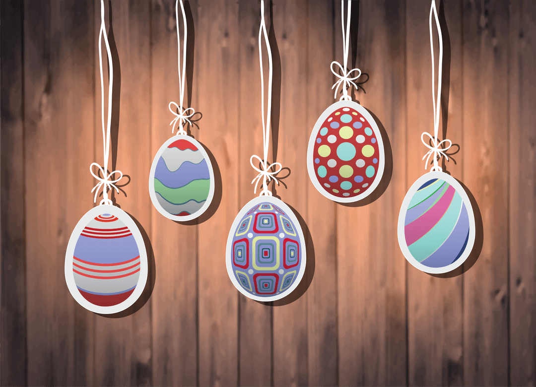 Easter Eggs Hanging from Strings on Wooden Wall in Transparent Design