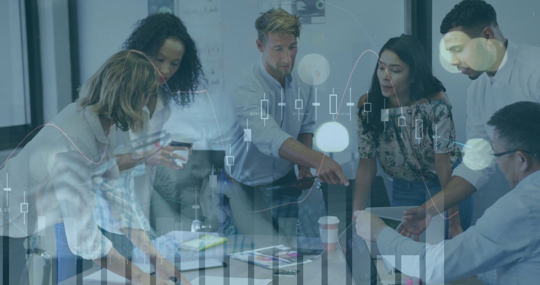 Diverse Team Collaborating on Business Project with Data Overlay