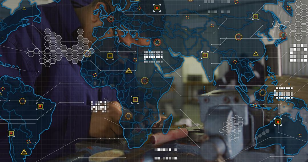 Machinist Working with Lathe Amidst Global Technology Overlay