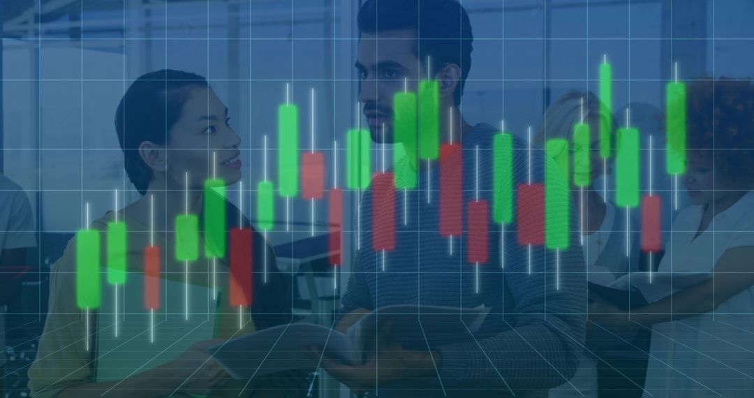 Business Professionals Analyzing Financial Trends with Candlestick Chart Overlay