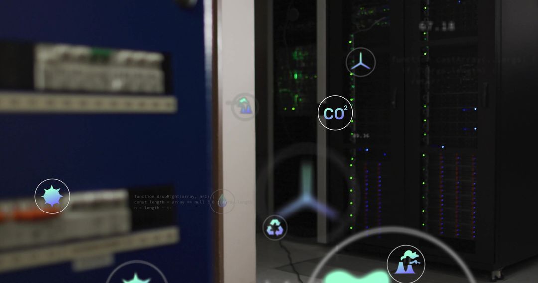 Digital Interface Over Server Room with Ecology Icons