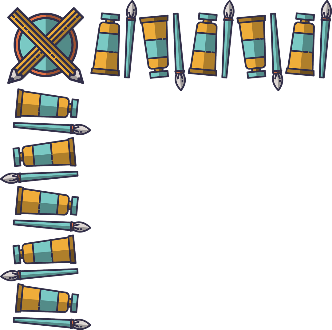 Art Supplies Arranged in Decorative Border on Transparent Background