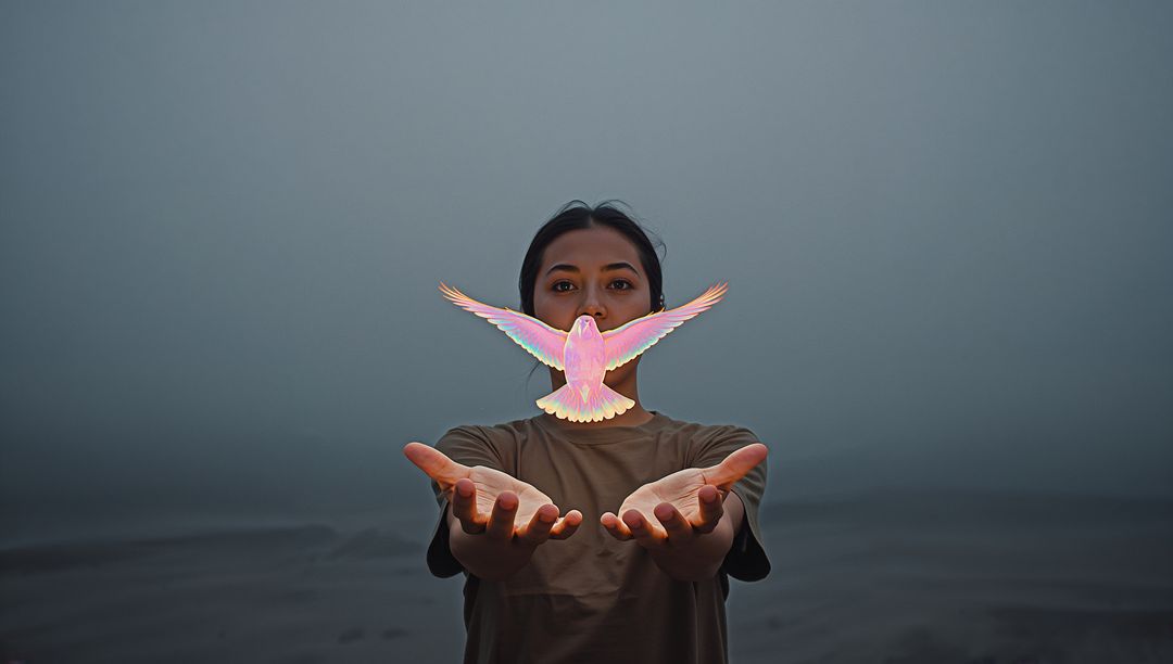 Releasing Iridescent Dove Over Open Palms, Woman Standing in Misty Plain Embracing Peace
