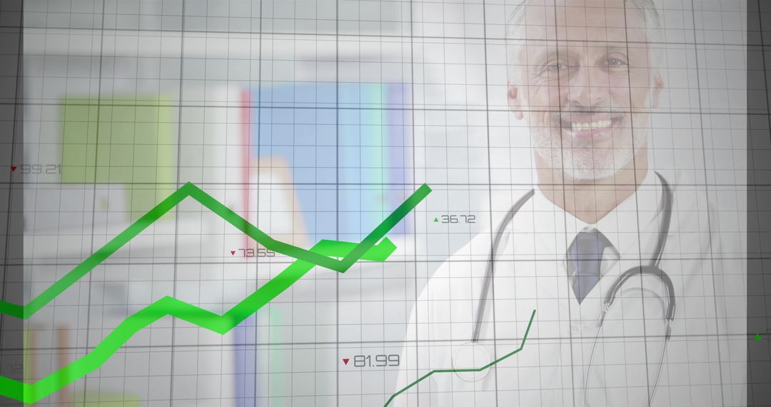 Doctor Analyzing Healthcare Data with Green Graphs Overlay