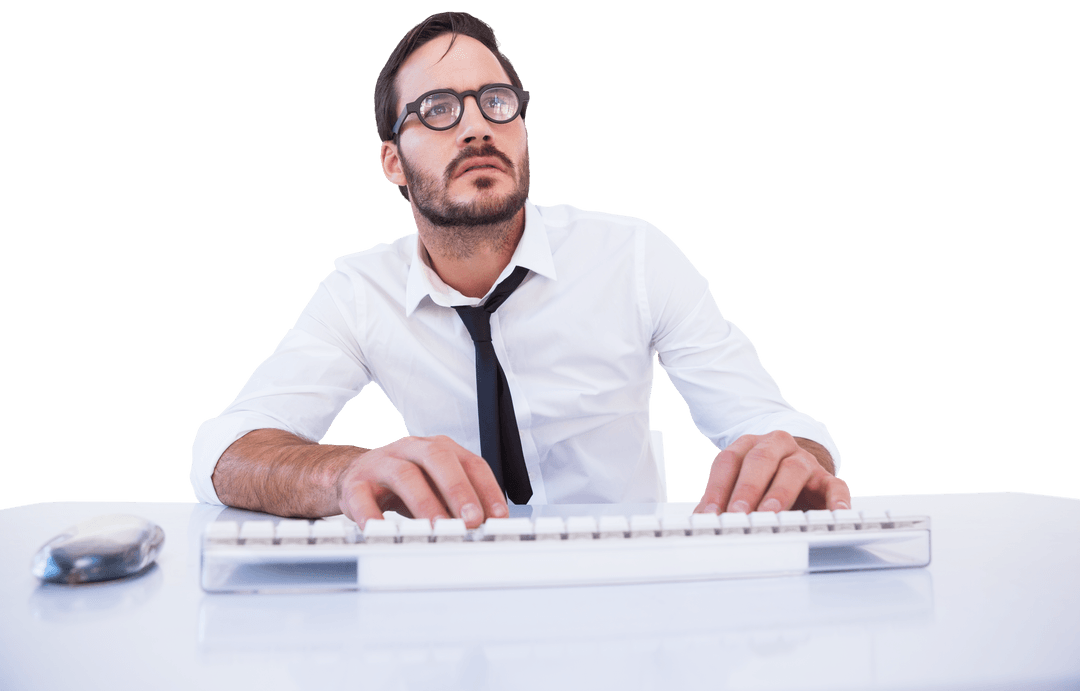 Focused Businessman with Transparent Background Typing on Keyboard