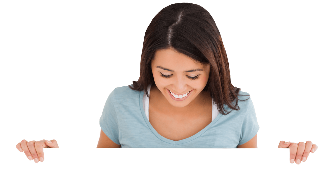 Smiling Woman Showing Blank Transparent Card